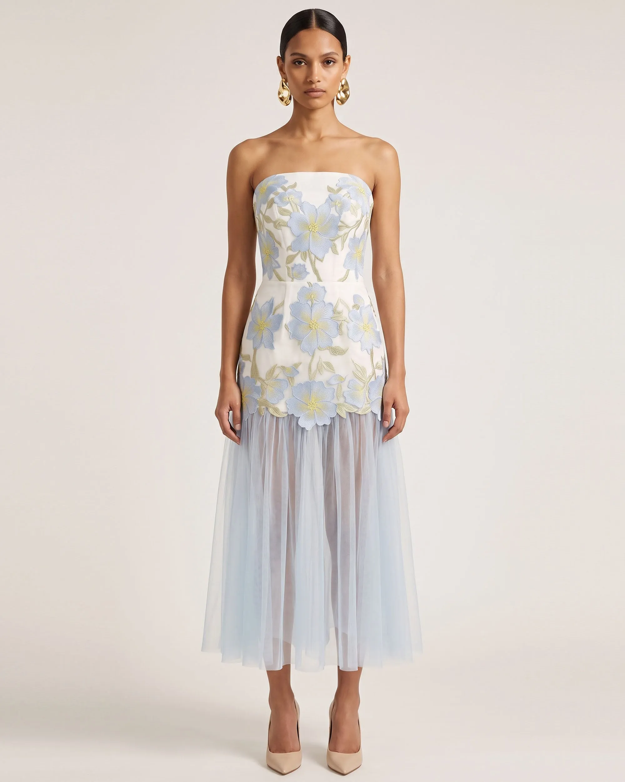 Floral Embroidered Strapless Tulle Maxi Dress - Light Blue sold by JW PEI