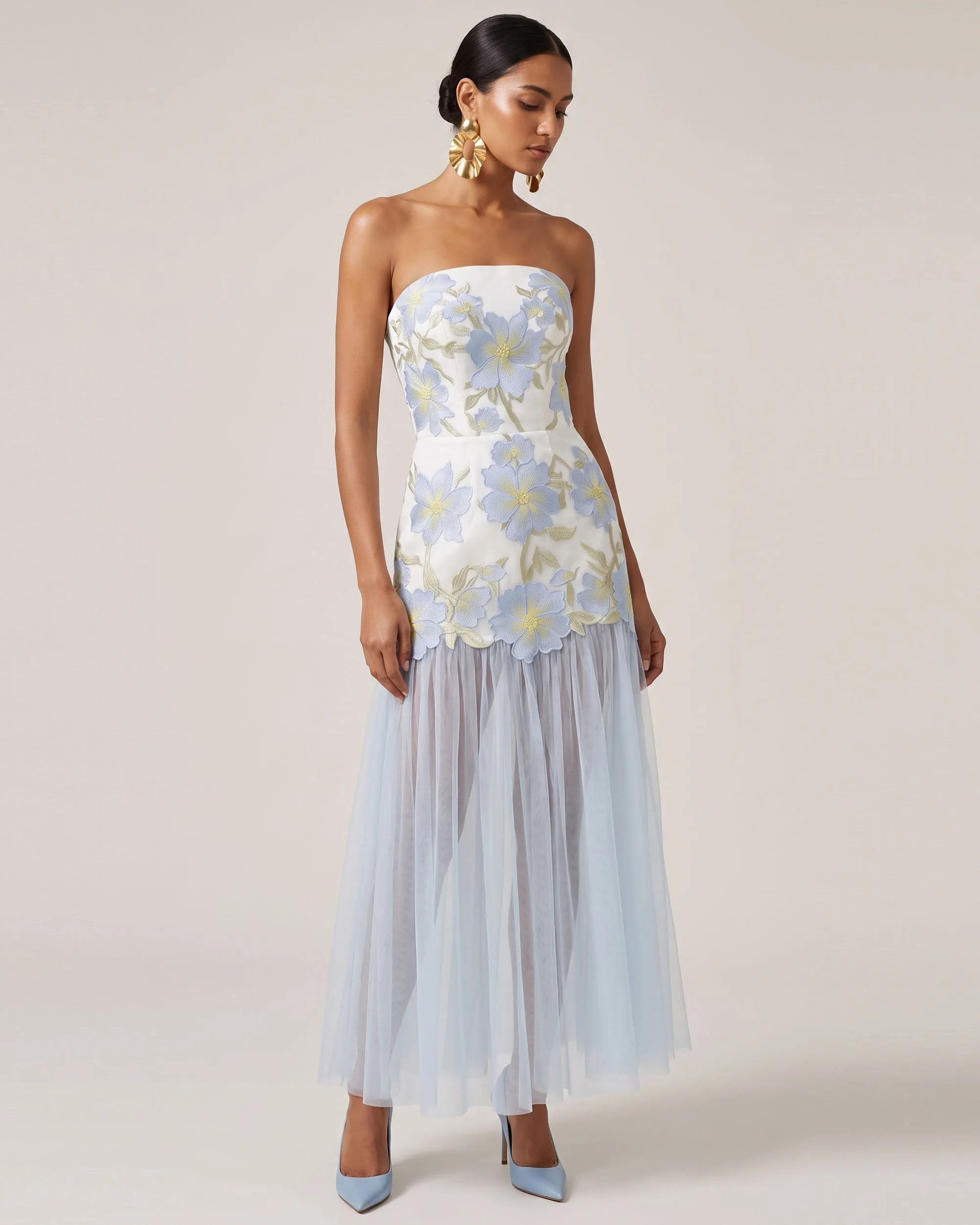 Floral Embroidered Strapless Tulle Maxi Dress - Light Blue sold by JW PEI product image thumbnail 2