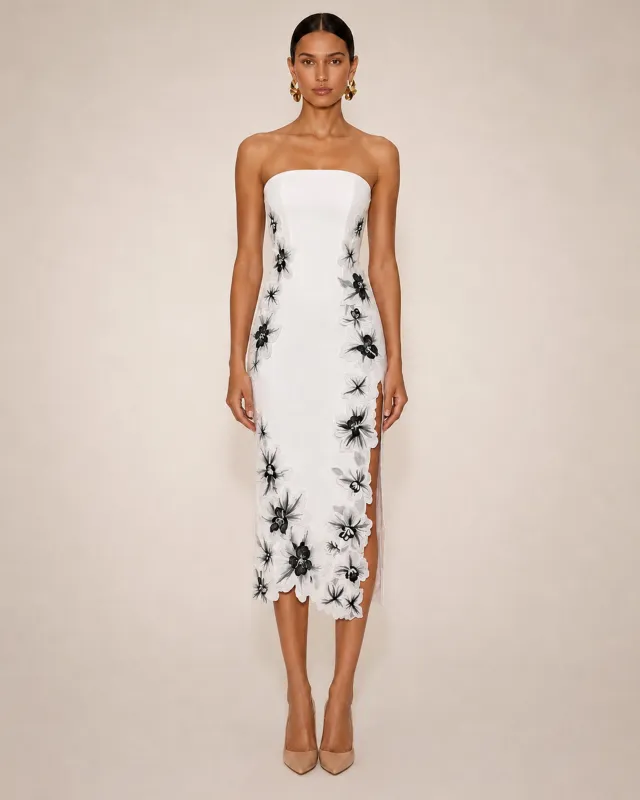 Flower Embroidered Strapless Midi Dress - White made by JW PEI