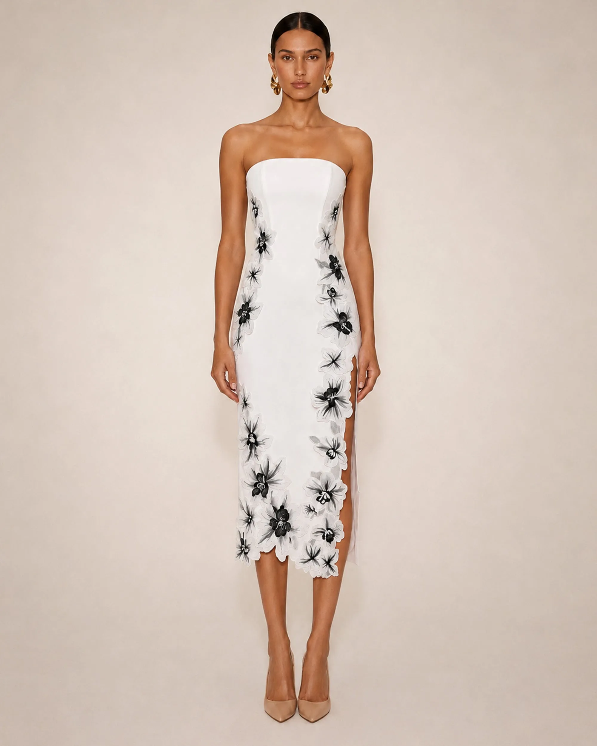 Flower Embroidered Strapless Midi Dress - White sold by JW PEI
