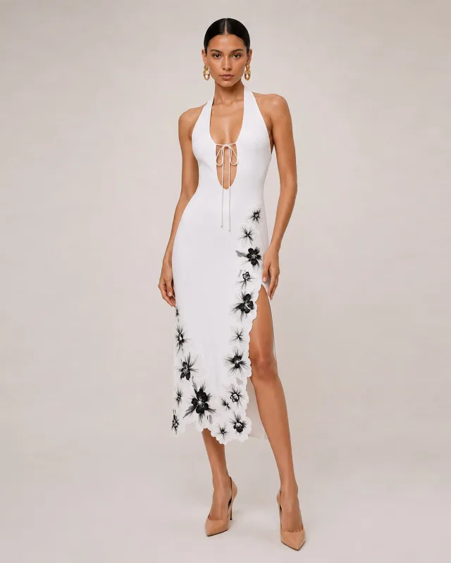 Flower Embroidered Cutout Halter Midi Dress - White made by JW PEI