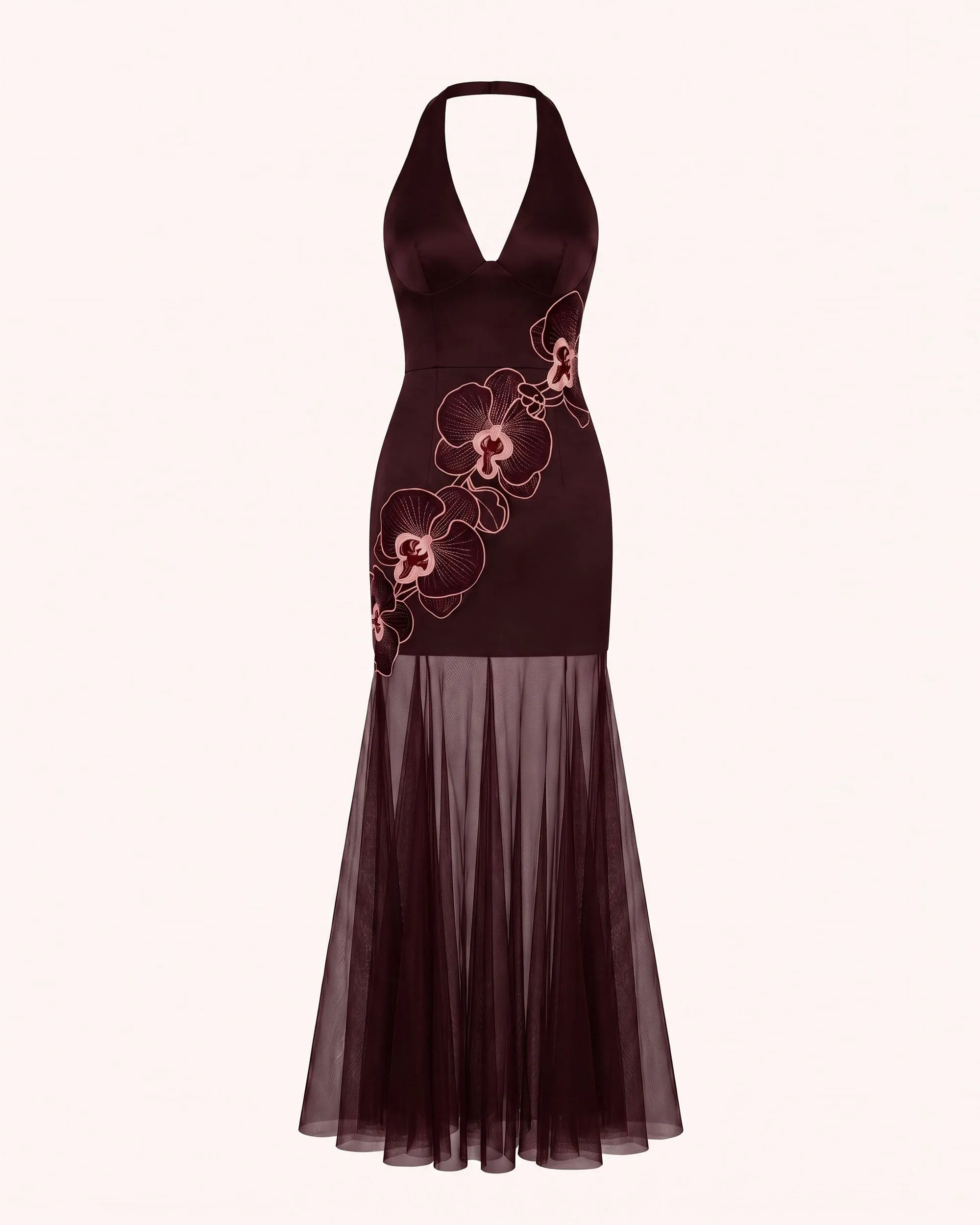 Orchid Embroidered Sheer Hem Halter Maxi Dress - Burgundy sold by JW PEI product image thumbnail 3