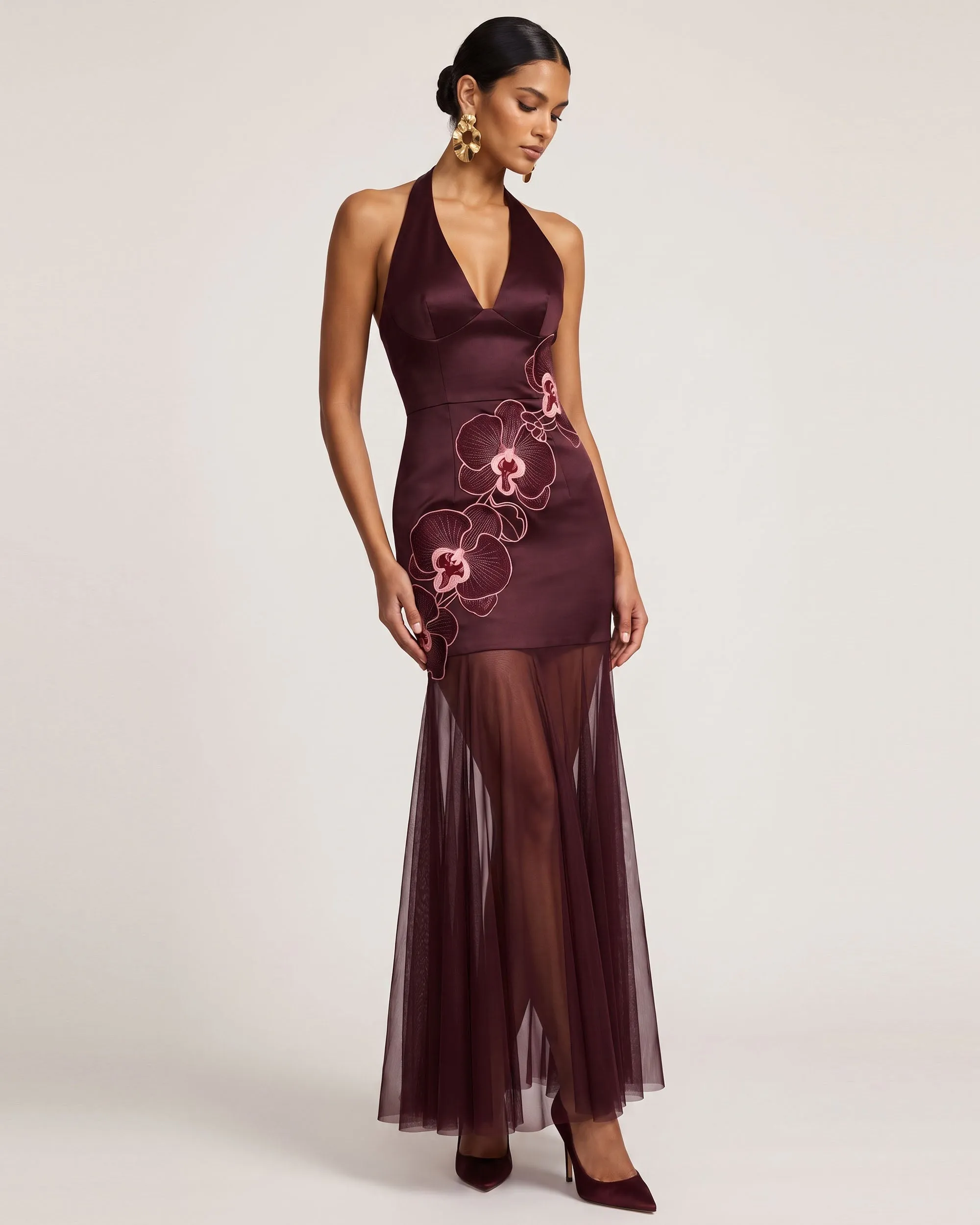 Orchid Embroidered Sheer Hem Halter Maxi Dress - Burgundy sold by JW PEI
