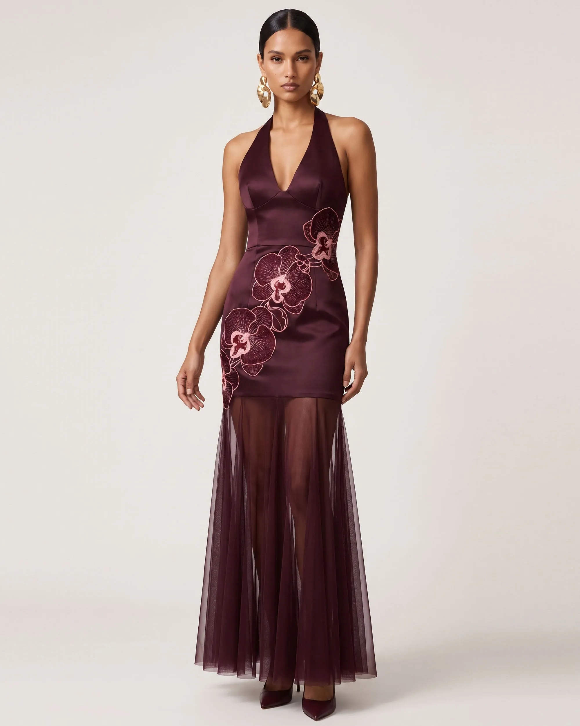 Orchid Embroidered Sheer Hem Halter Maxi Dress - Burgundy sold by JW PEI product image thumbnail 2