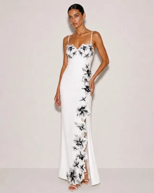 Flower Embroidered Spaghetti Strap Maxi Dress - White made by JW PEI