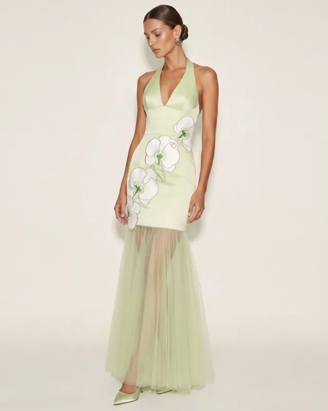Orchid Embroidered Sheer Hem Halter Maxi Dress - Green made by JW PEI