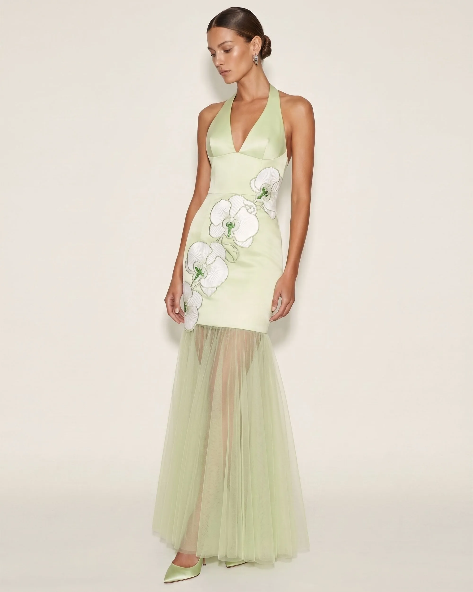 Orchid Embroidered Sheer Hem Halter Maxi Dress - Green sold by JW PEI
