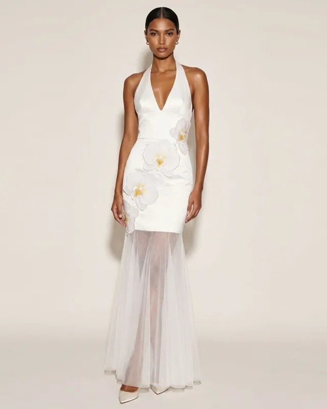Orchid Embroidered Sheer Hem Halter Maxi Dress - White made by JW PEI