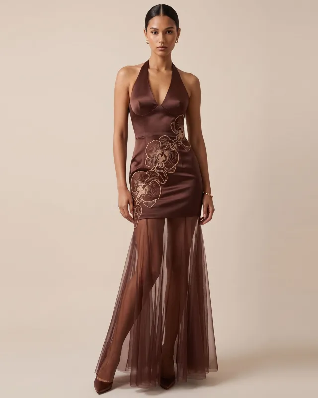 Orchid Embroidered Sheer Hem Halter Maxi Dress - Brown made by JW PEI
