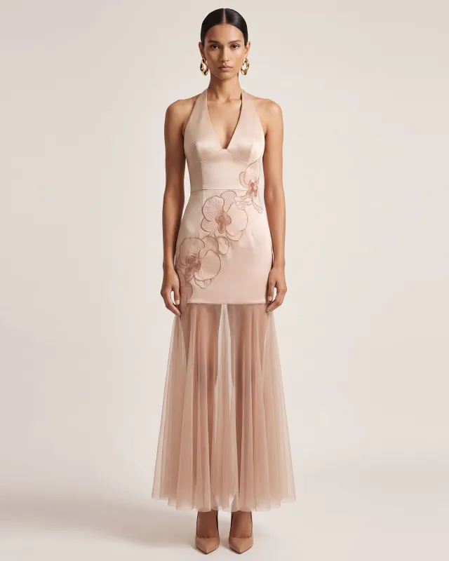 Orchid Embroidered Sheer Hem Halter Maxi Dress - Champagne made by JW PEI
