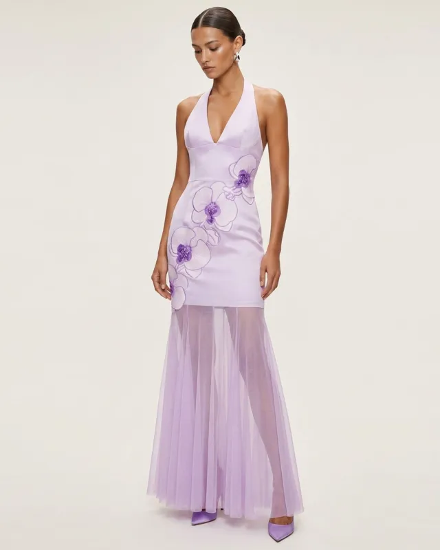 Orchid Embroidered Sheer Hem Halter Maxi Dress - Lanvender made by JW PEI