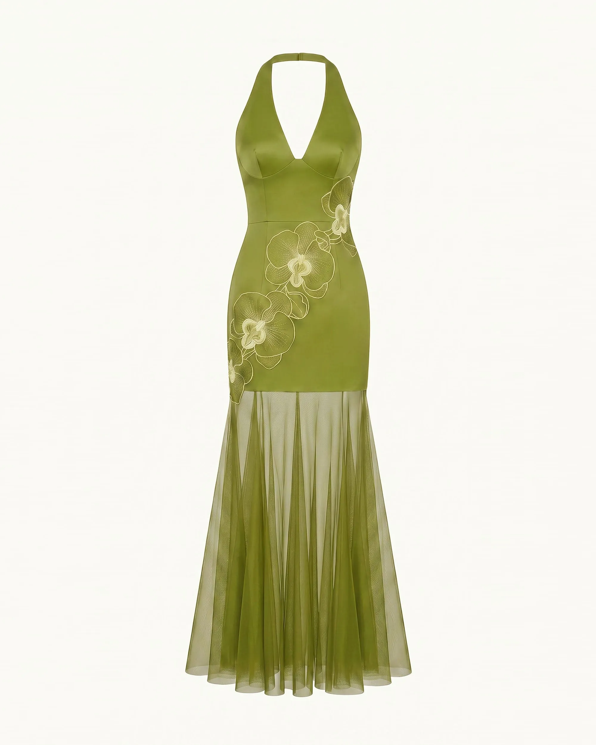 Orchid Embroidered Sheer Hem Halter Maxi Dress - Olive sold by JW PEI product image thumbnail 3