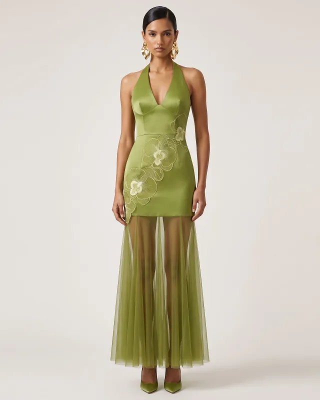 Orchid Embroidered Sheer Hem Halter Maxi Dress - Olive made by JW PEI