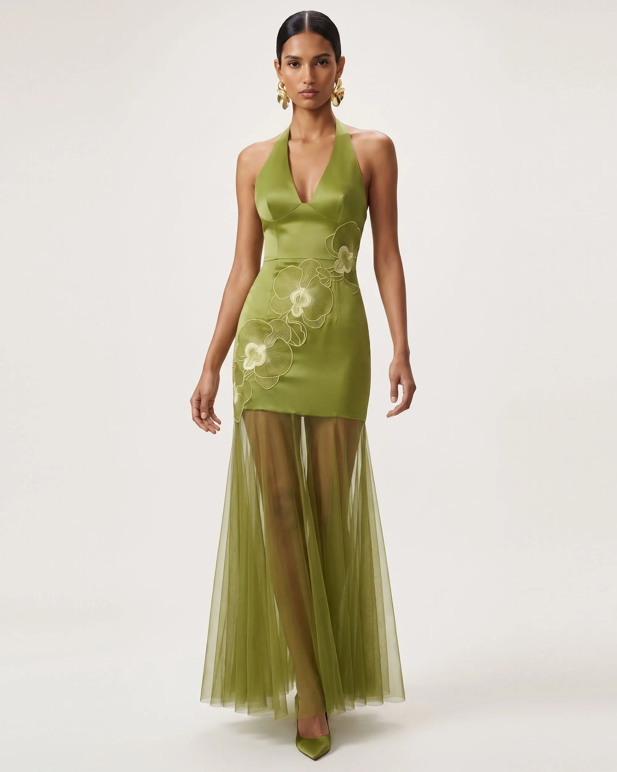 Orchid Embroidered Sheer Hem Halter Maxi Dress - Olive sold by JW PEI product image thumbnail 2
