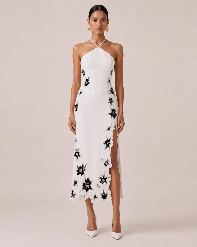 Flower Embroidered Halter Slit Midi Dress - White made by JW PEI