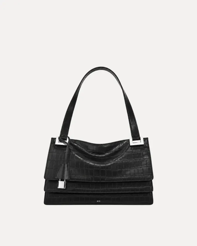 Croc Embossed Flap Shoulder Bag - Black made by JW PEI