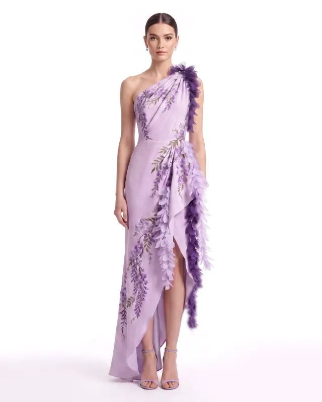 Wisteria Petal Cascade One-Shoulder Maxi Dress - Lavender made by JW PEI