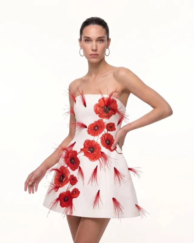 Corn Poppy Feathered Printed Mini Dress - Ivory made by JW PEI