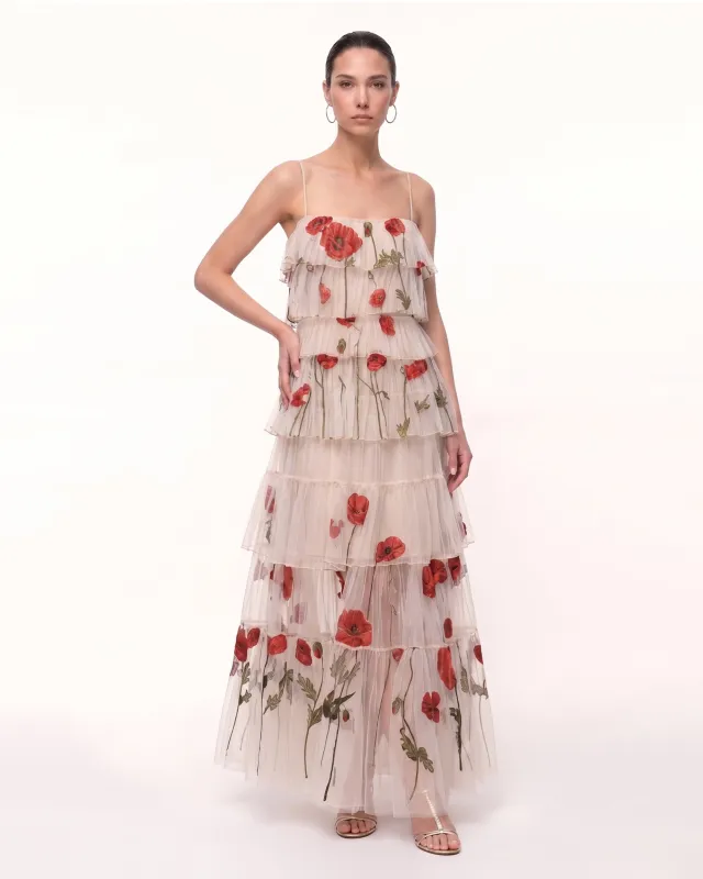 Corn Poppy Tiered Tulle Maxi Dress - Blush Nude made by JW PEI