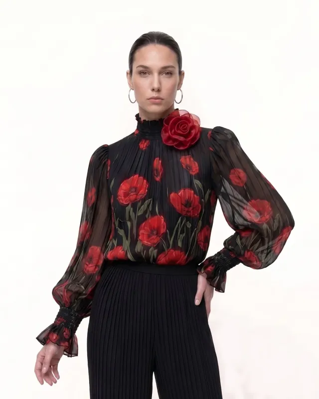 Corn Poppy Pleated Chiffon Blouse - Black made by JW PEI