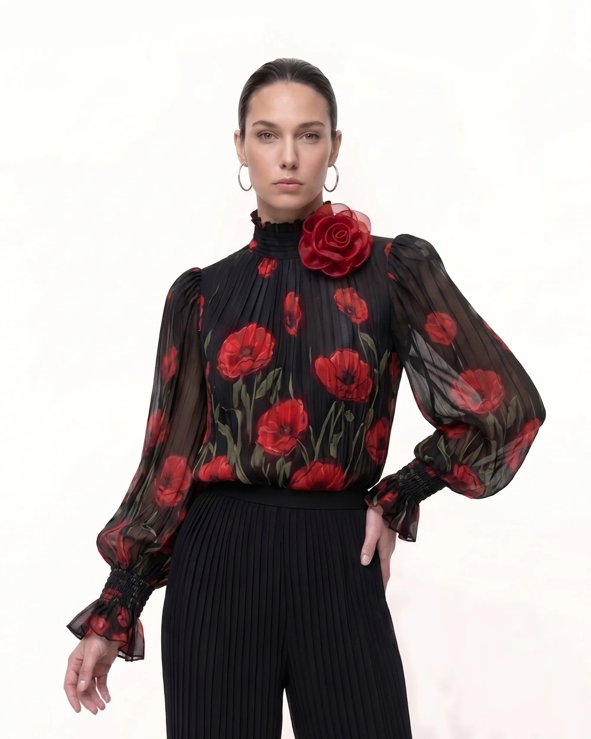 Corn Poppy Pleated Chiffon Blouse - Black sold by JW PEI