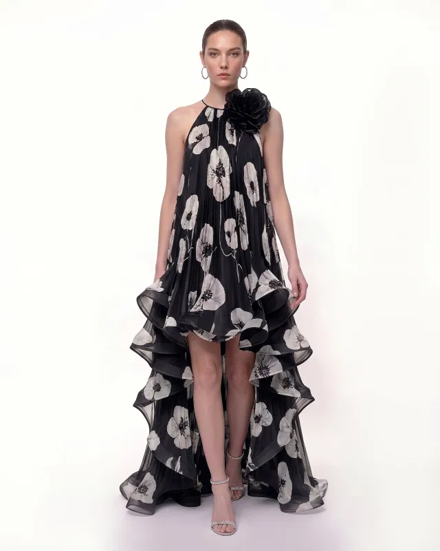 Floral Chiffon High-Low Halter Dress - Black made by JW PEI