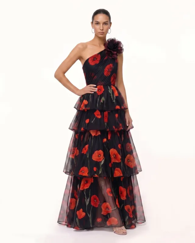 Corn Poppy One-Shoulder Tiered Maxi Dress - Black made by JW PEI