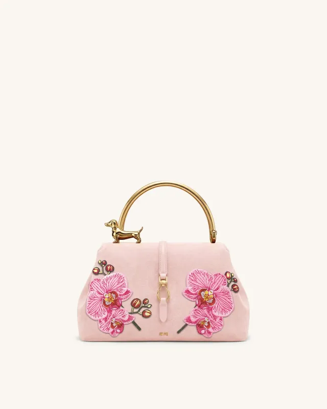 Bruna Faux Suede Embroidered Dachshund Metal Top Handle Bag - Pink made by JW PEI