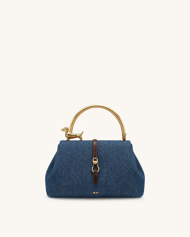 Bruna Dachshund Metal Handle Top Handle Bag - Dark Blue Denim made by JW PEI