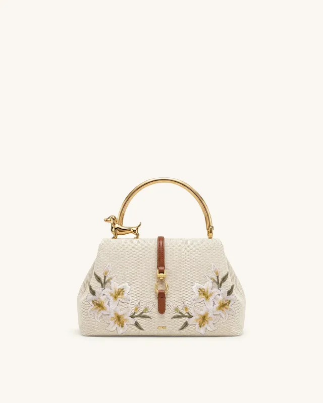 Bruna Dachshund Metal Handle Lily Embroidered Top Handle Bag - Brown Canvas made by JW PEI
