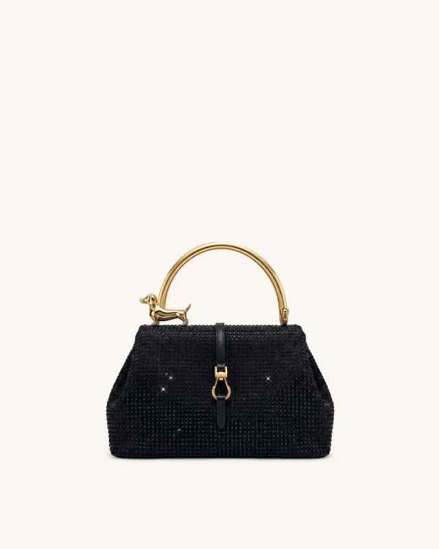 Bruna Artificial Crystal Dachshund Metal Handle Top Handle Bag - Black made by JW PEI