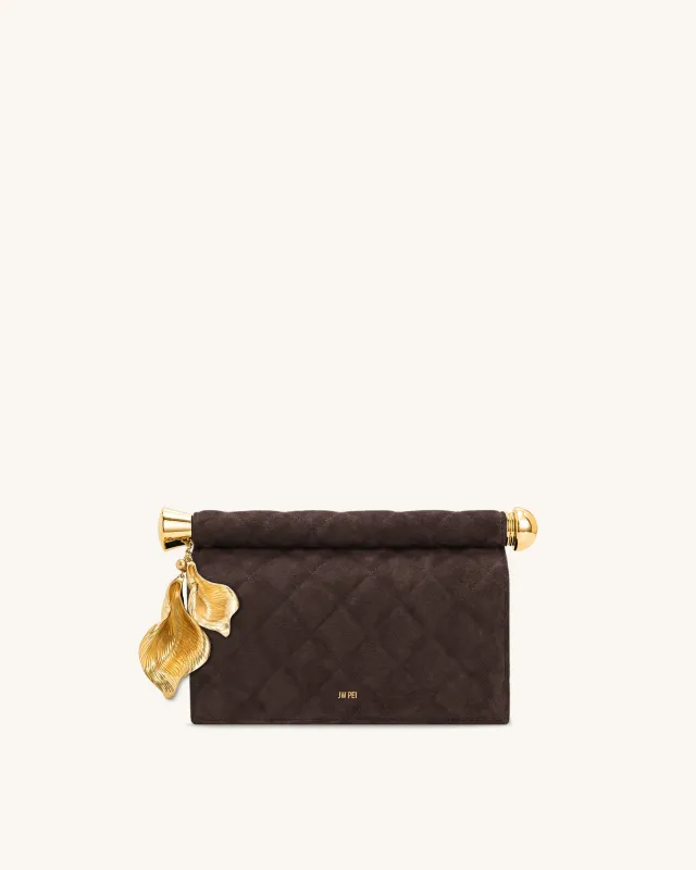 Holly Faux Suede Quilting Metal Pendant Embellished Clutch - Dark Brown made by JW PEI