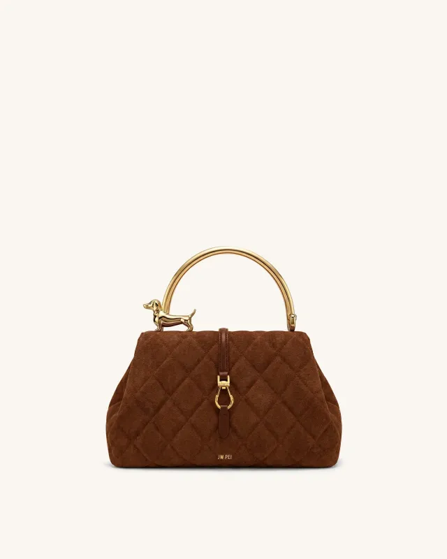 Bruna Faux Suede Quilting Dachshund Metal Top Handle Bag - Dirty Orange made by JW PEI