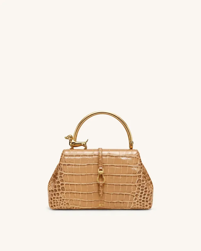 Bruna Dachshund Metal Handle Top Handle Bag - Brown Croc made by JW PEI