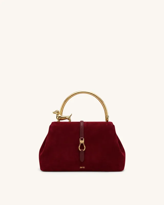 Bruna Faux Suede Dachshund Metal Top Handle Bag - Scarlet Red made by JW PEI
