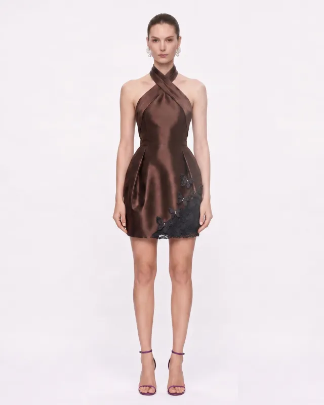 3D Butterfly Appliqué Halter Satin Mini Dress - Brown made by JW PEI