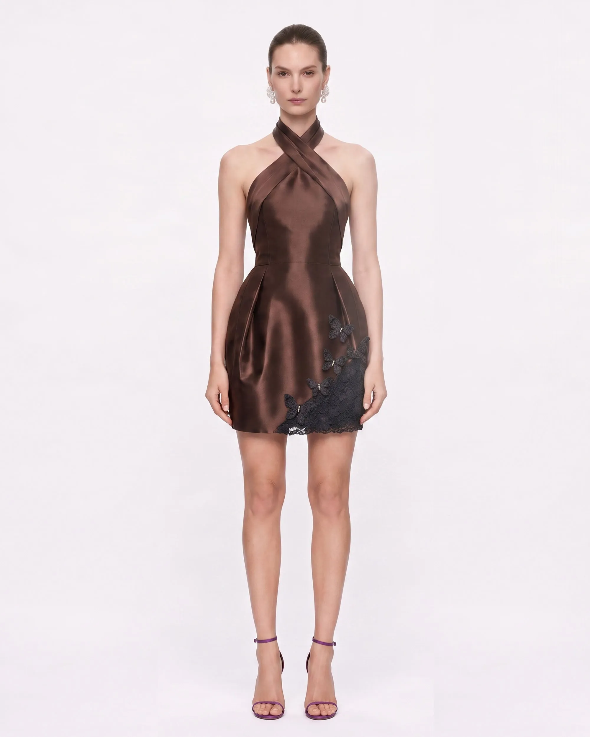 3D Butterfly Appliqué Halter Satin Mini Dress - Brown sold by JW PEI