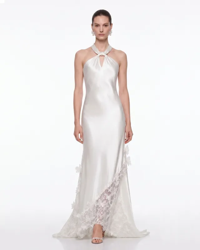 Lace Panel Halter Satin Maxi Dress - White made by JW PEI
