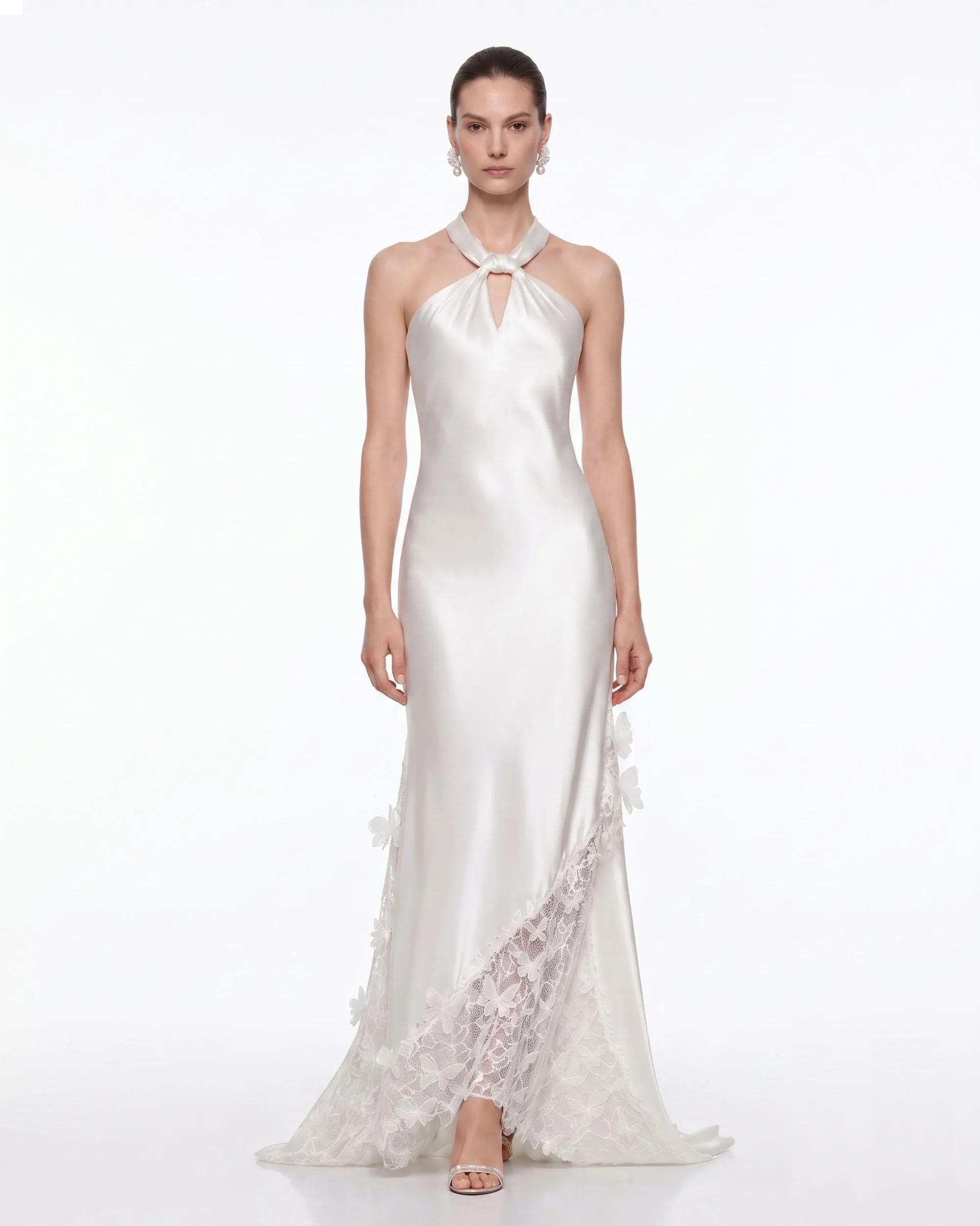 Lace Panel Halter Satin Maxi Dress - White sold by JW PEI