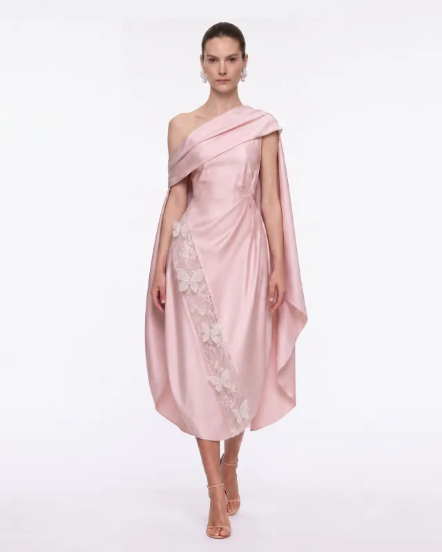 Butterfly Appliqué Draped Satin Midi Dress - Blush Pink made by JW PEI