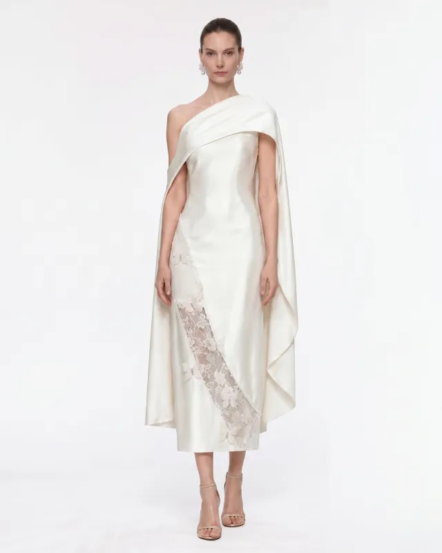 Butterfly Lace Panel Draped
 Satin Midi Dress - Ivory made by JW PEI