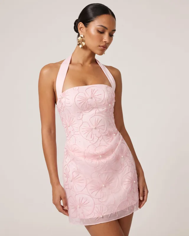 Orchid Beaded Embroidered Square Neck Halter Mini Dress - Blush Pink made by JW PEI