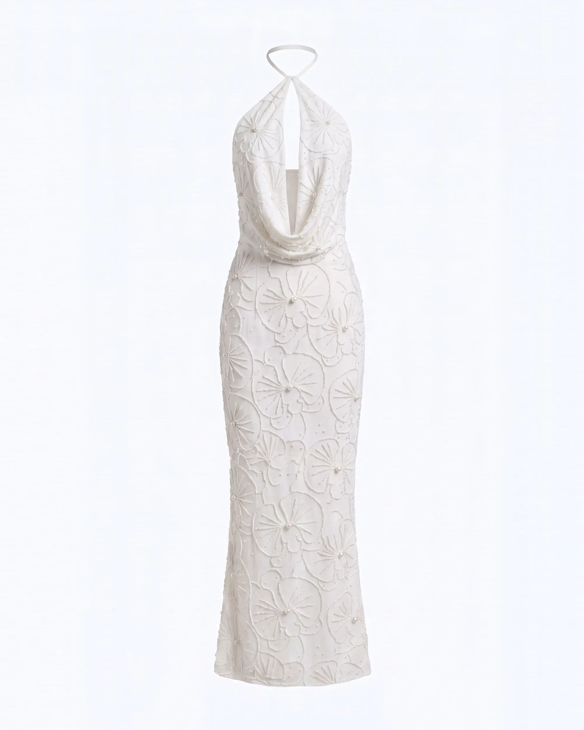 Orchid Beaded Embroidered Keyhole Cowl Halter Maxi Dress - White sold by JW PEI product image thumbnail 3