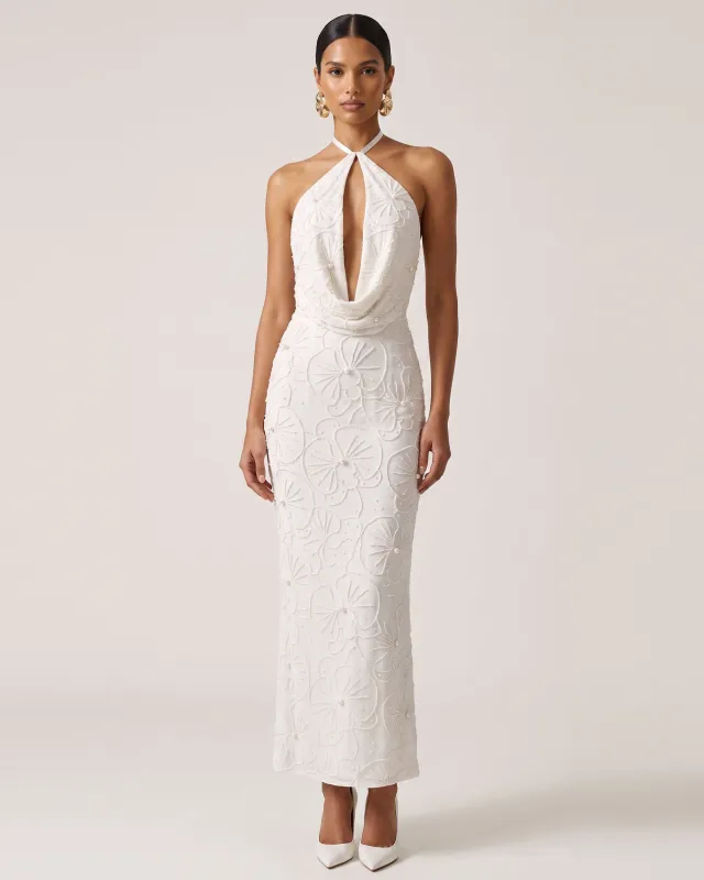Orchid Beaded Embroidered Keyhole Cowl Halter Maxi Dress - White made by JW PEI