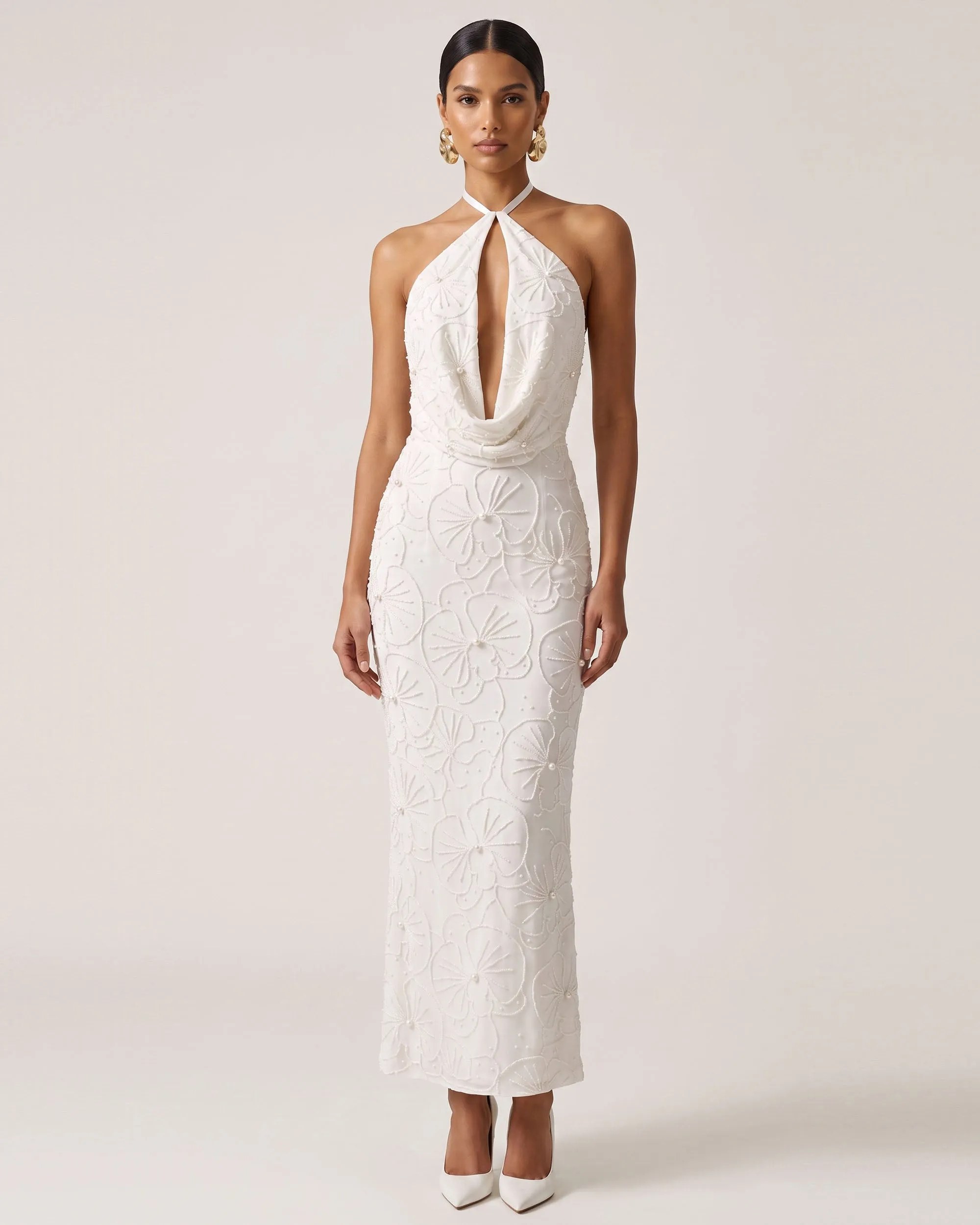 Orchid Beaded Embroidered Keyhole Cowl Halter Maxi Dress - White sold by JW PEI