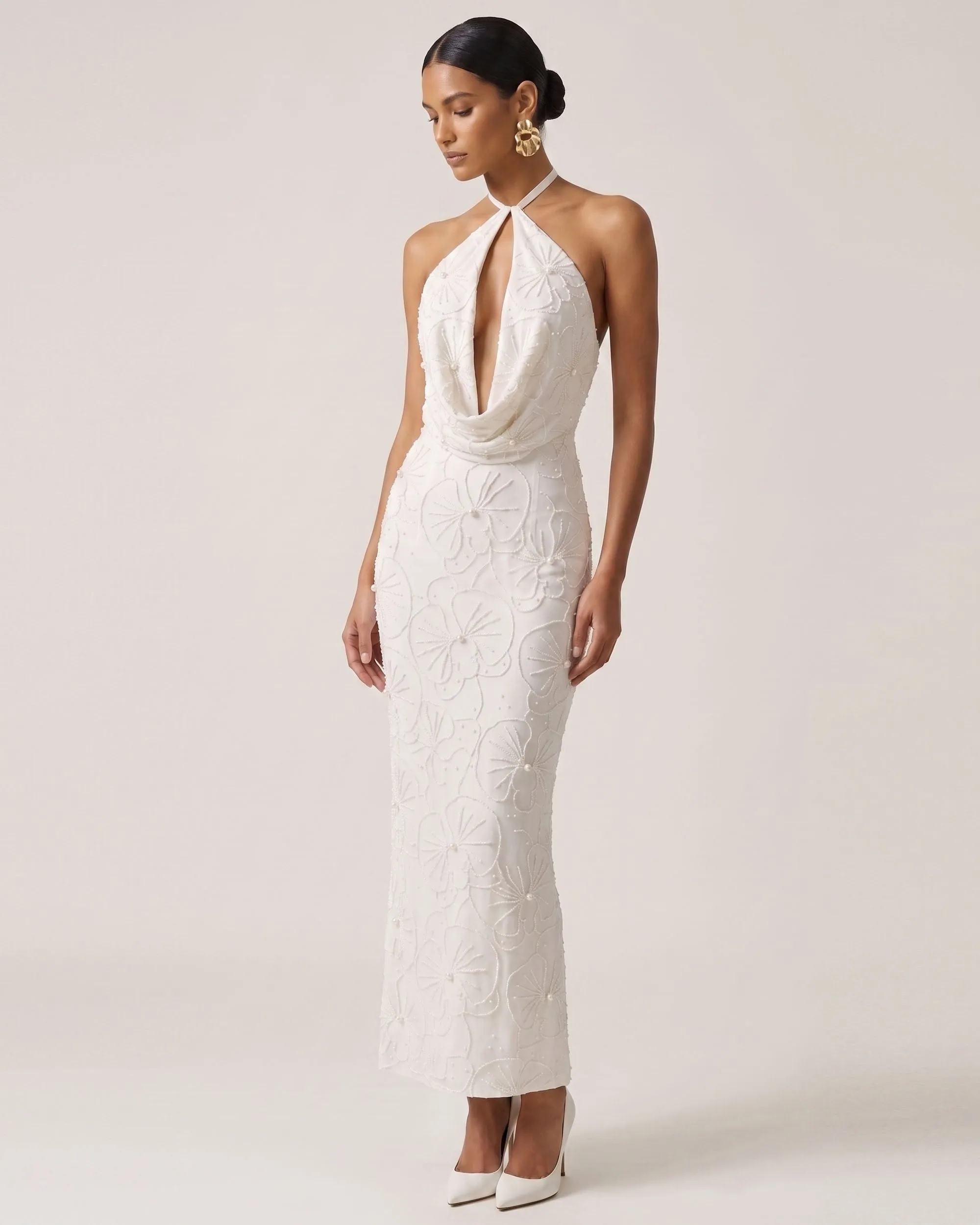 Orchid Beaded Embroidered Keyhole Cowl Halter Maxi Dress - White sold by JW PEI product image thumbnail 2