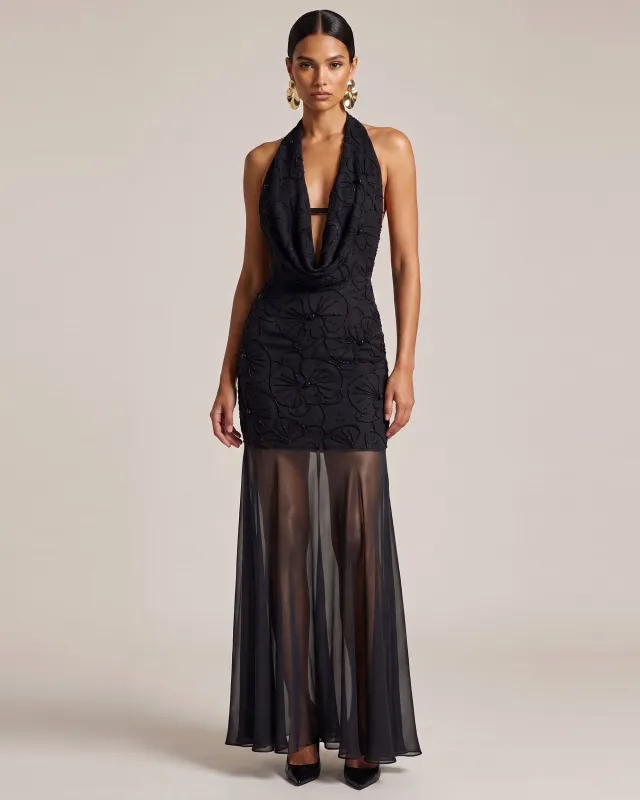 Orchid Beaded Embroidered Sheer Hem Halter Maxi Dress - Black made by JW PEI