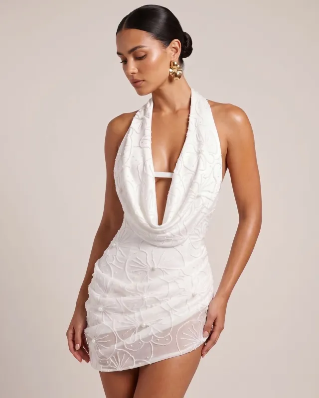 Orchid Beaded Embroidered Cowl Halter Mini Dress - White made by JW PEI