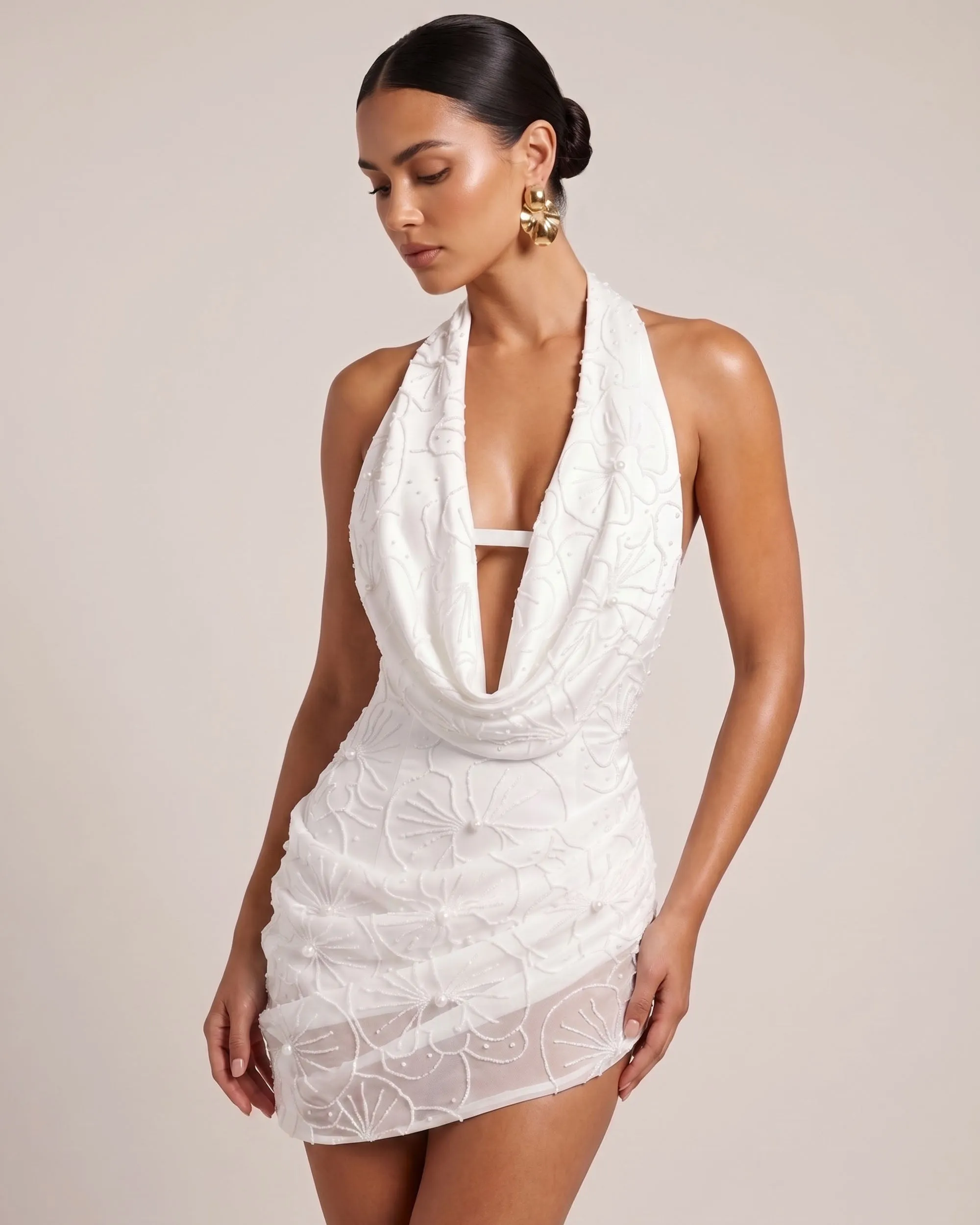 Orchid Beaded Embroidered Cowl Halter Mini Dress - White sold by JW PEI