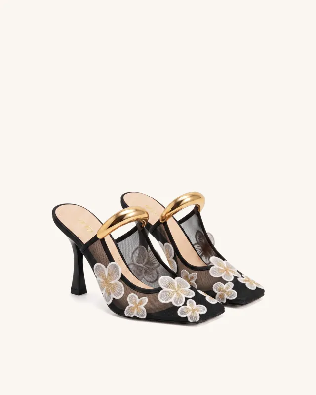 Mireille Pierced Floral Embroidered Appliqué Mesh Mules - Black made by JW PEI